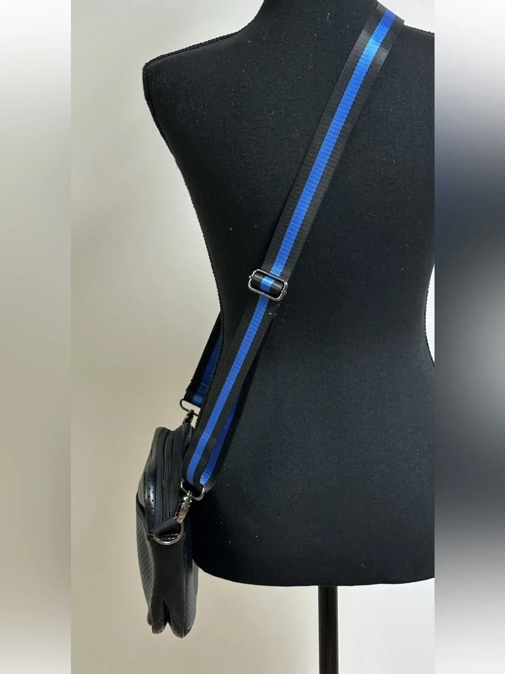 Haute Shore DREW Black Crossbody Bag Epic Blue white Stripe